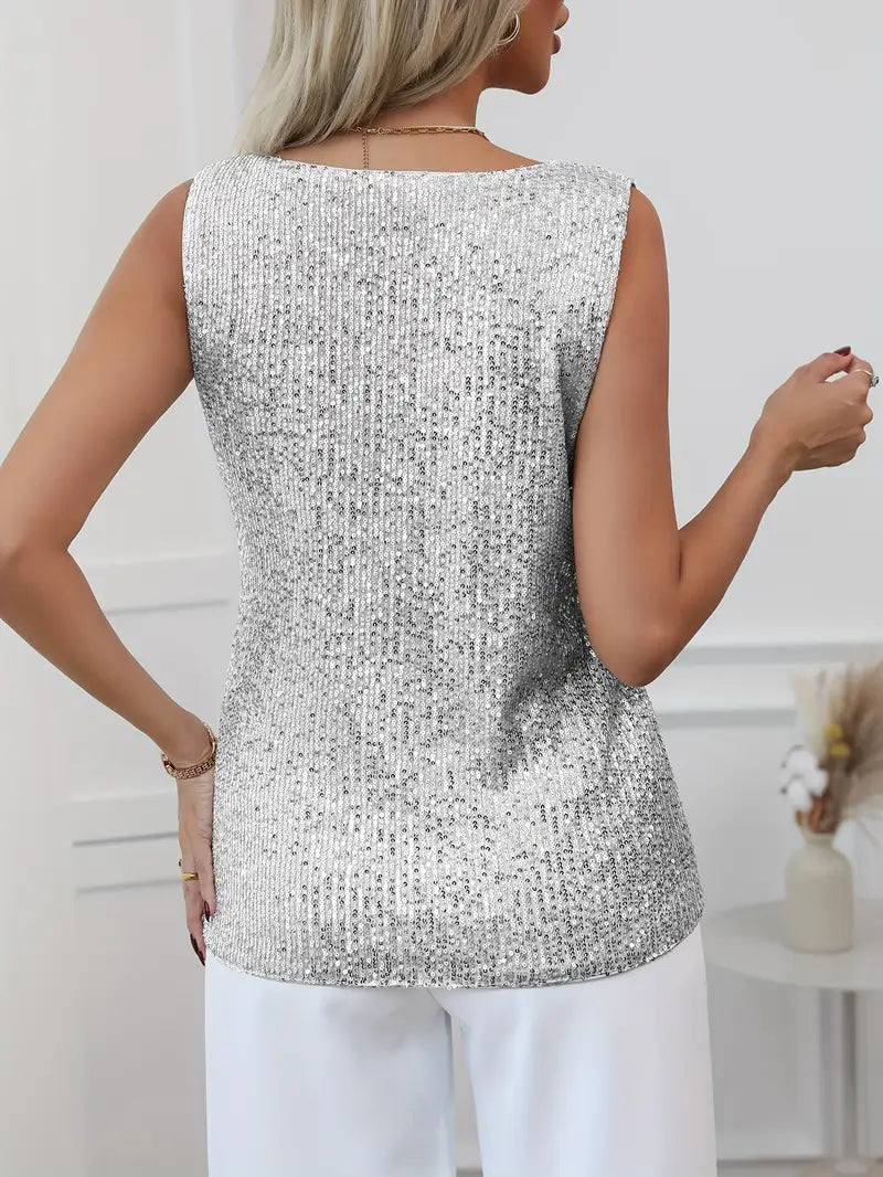 Elegant women's V-neck glitter top, designed for sophisticated special occasion and party attire.