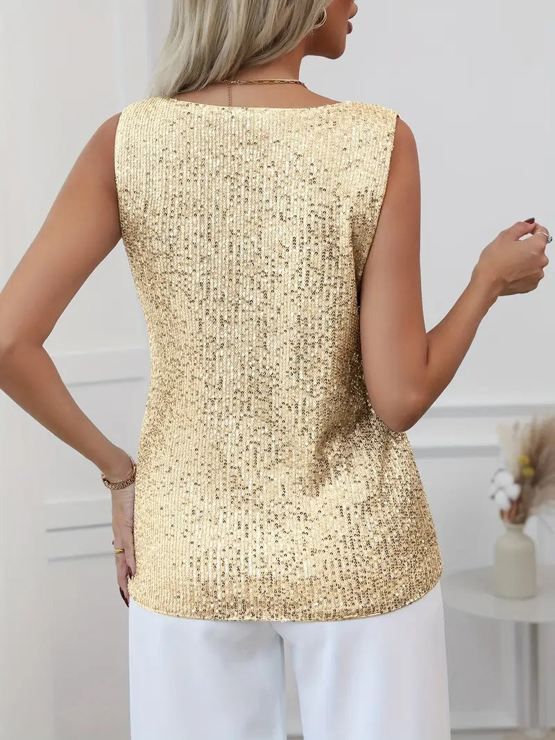 Trendy women's V-neck sparkling top, offering elegant shimmer for party and evening.