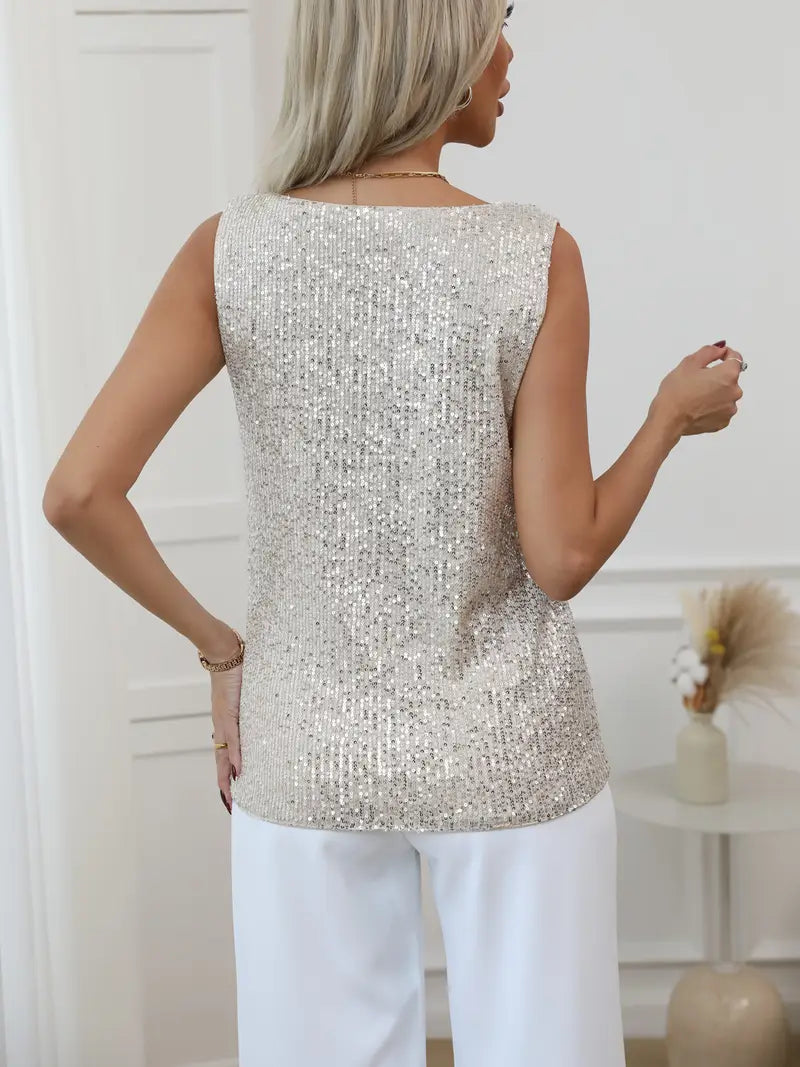Women's elegant V-neck top with all-over glitter for a dazzling party look.