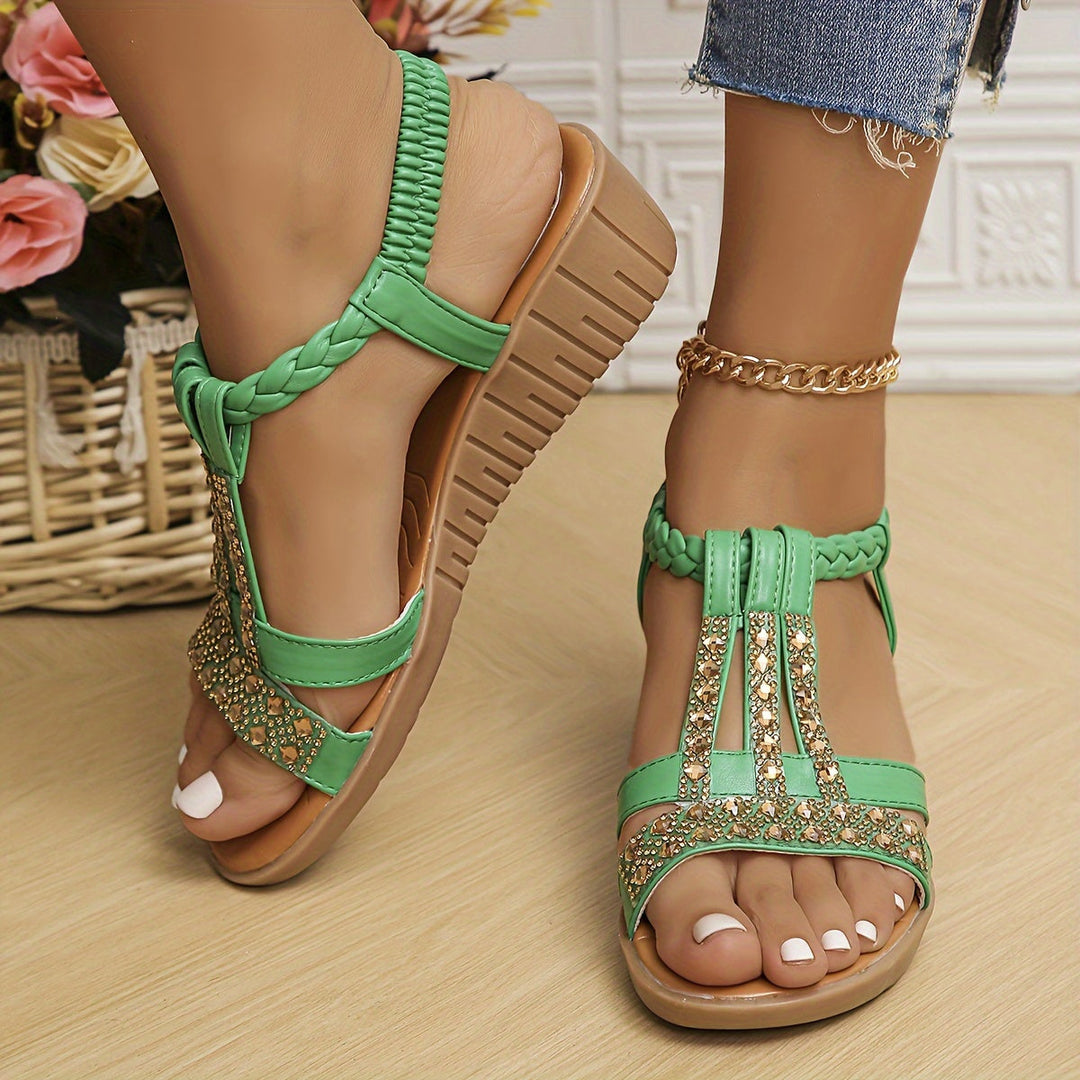 Comfortable open-toe woven flat sandals for women, featuring sparkling rhinestone straps.