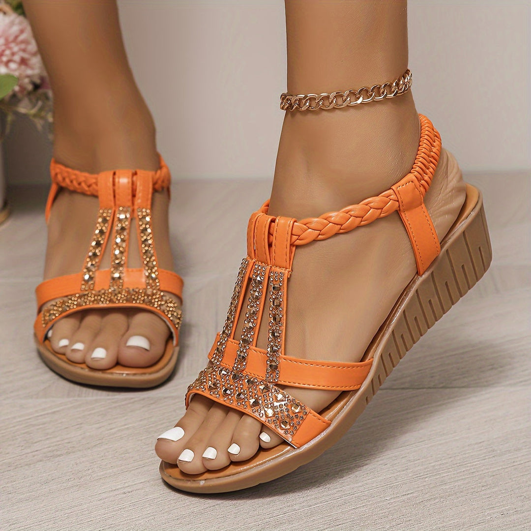 Women's sparkling woven open-toe sandals, great for warm weather & beach trips.
