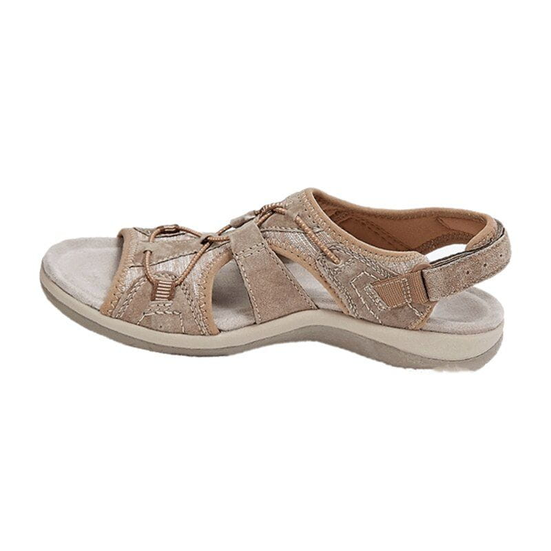 Close-up of the fabric straps on women's sporty comfort sandals for spring
