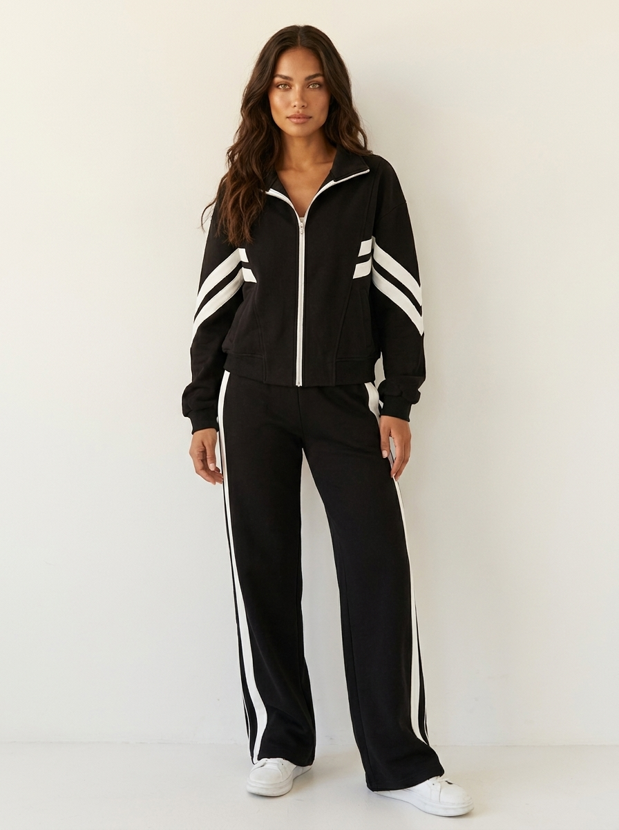 Comfortable women's loungewear tracksuit. Zip-up top & wide-leg bottoms, featuring a sporty contrast stripe.