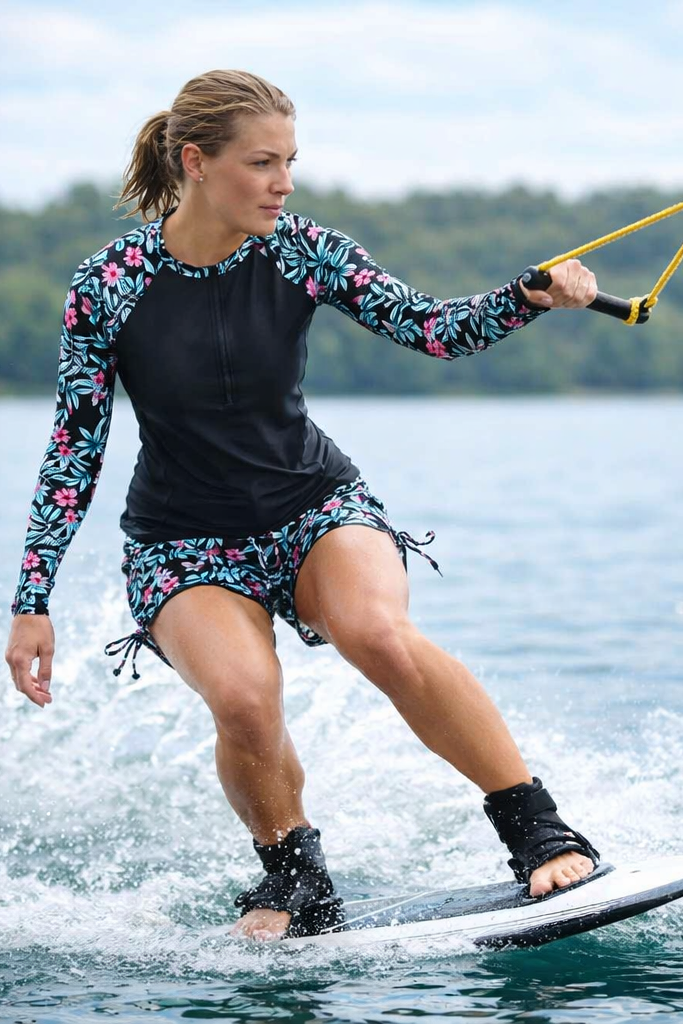 Sporty yet stylish women's tropical rashguard swimsuit, two-piece long sleeve swimwear with high-waisted comfort.