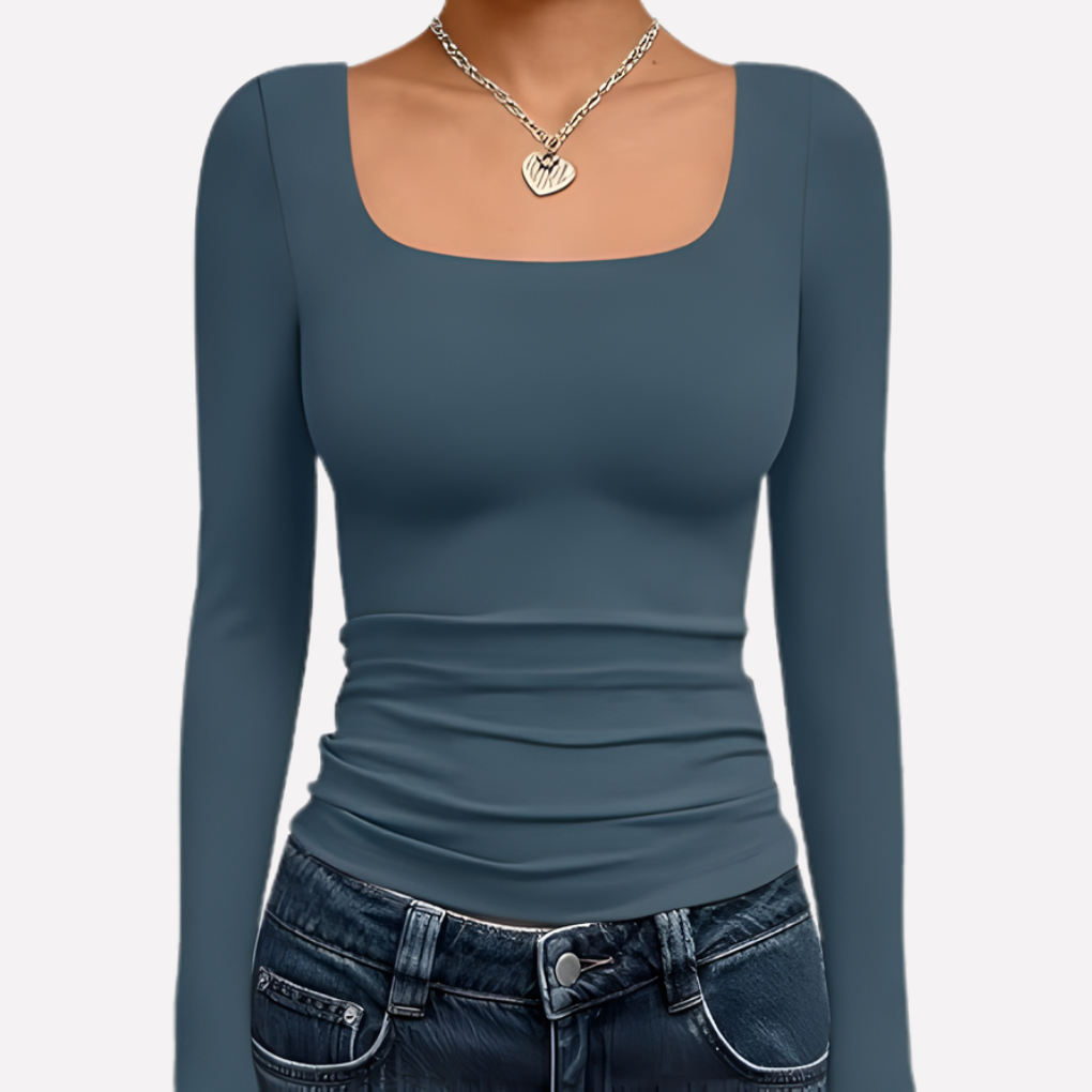 Modern women's long sleeve square neck crop top, a trendy and comfortable everyday staple.