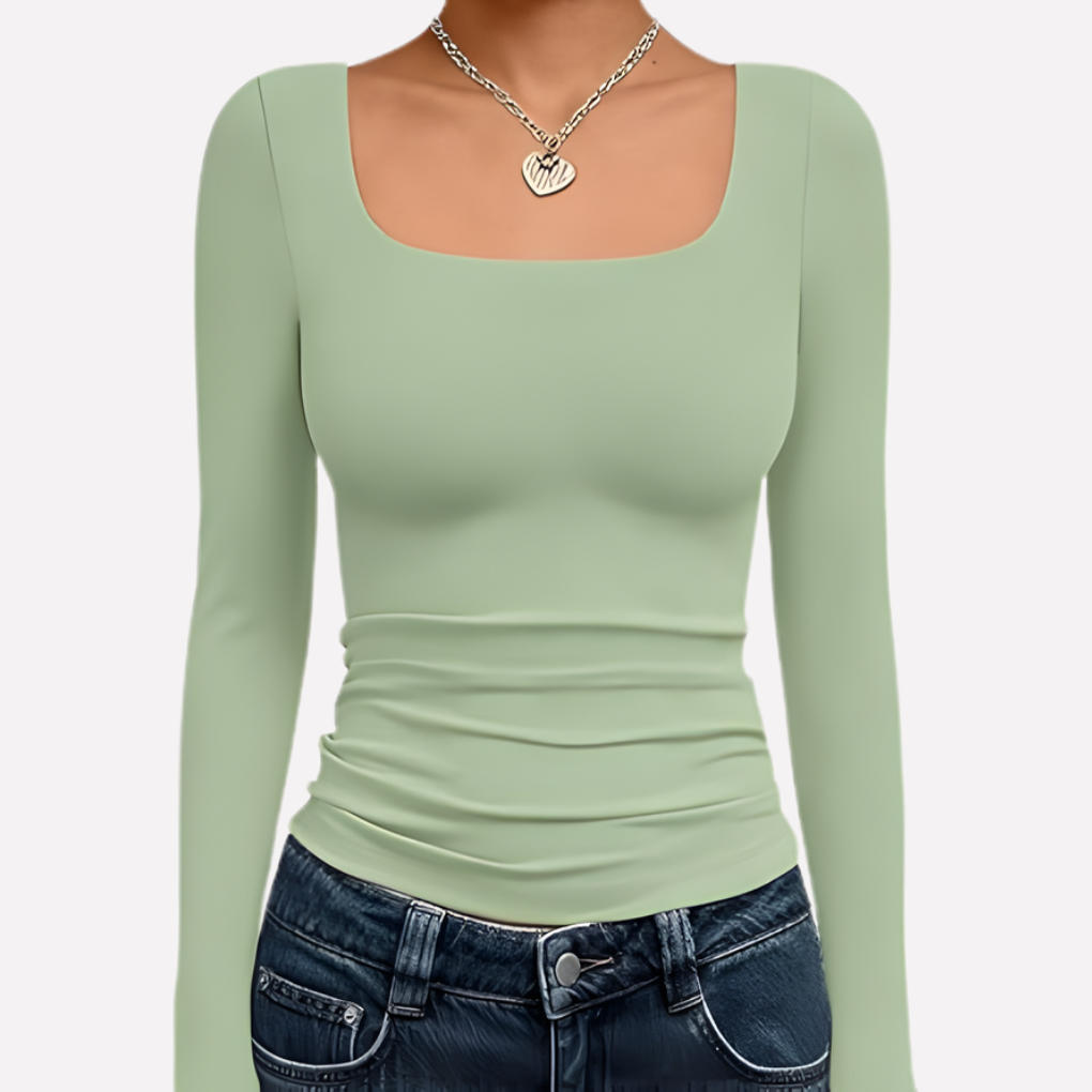 Elegant square neck long sleeve crop top for women, perfect for a refined casual ensemble.