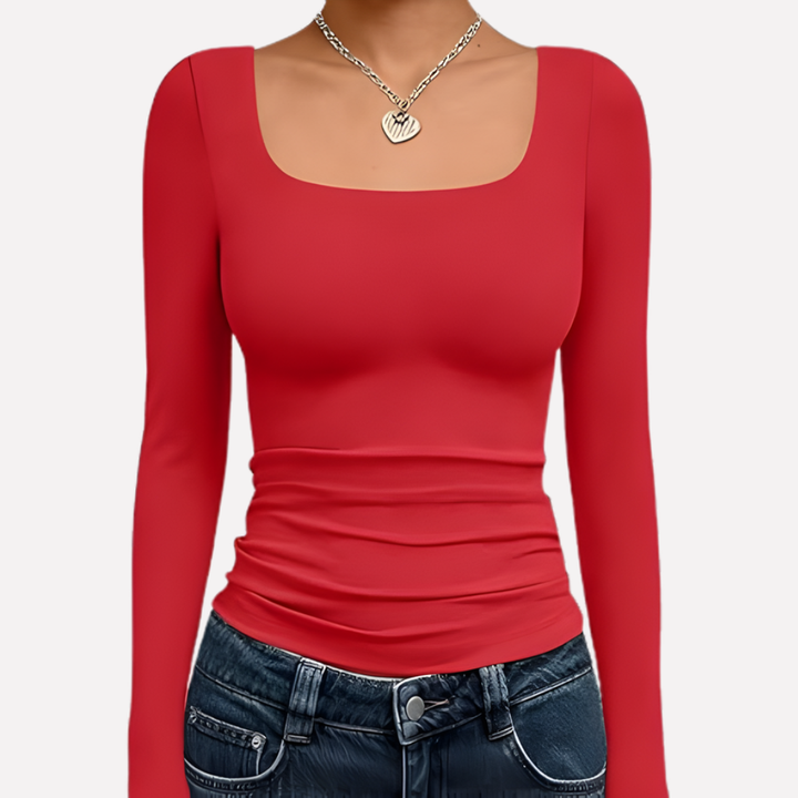 Trendy women's square neck crop top with long sleeves, great for versatile casual outfits.