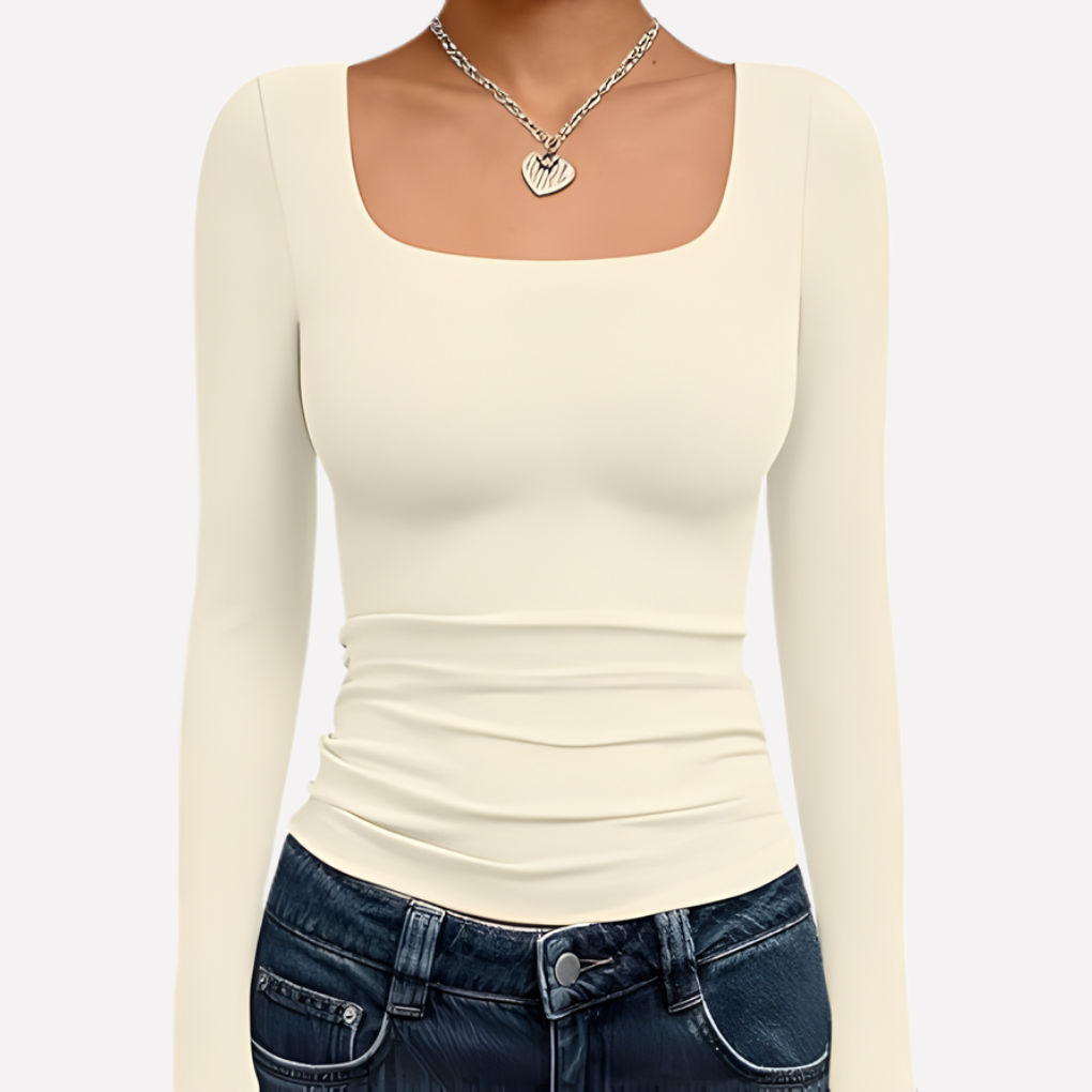 Basic women's long sleeve square neck crop top, an essential fashion staple for daily wear.
