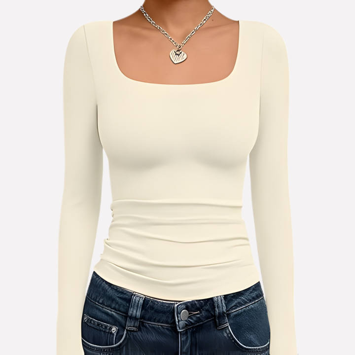 Basic women's long sleeve square neck crop top, an essential fashion staple for daily wear.