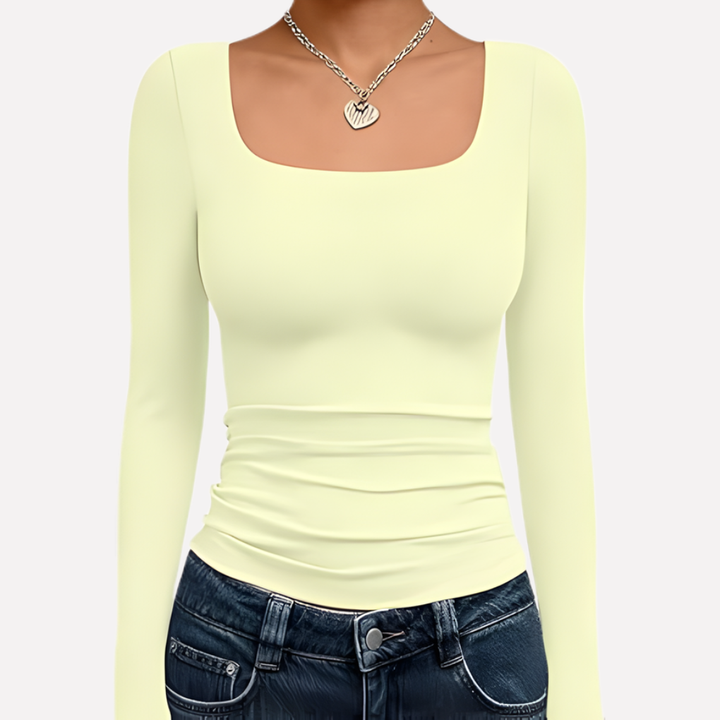 Fashionable women's square neck long sleeve crop top, perfect for a chic casual look.