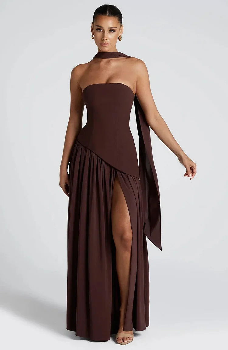 Modern women's fashion: strapless asymmetric hem maxi dress. Elegant for formal and special occasions.