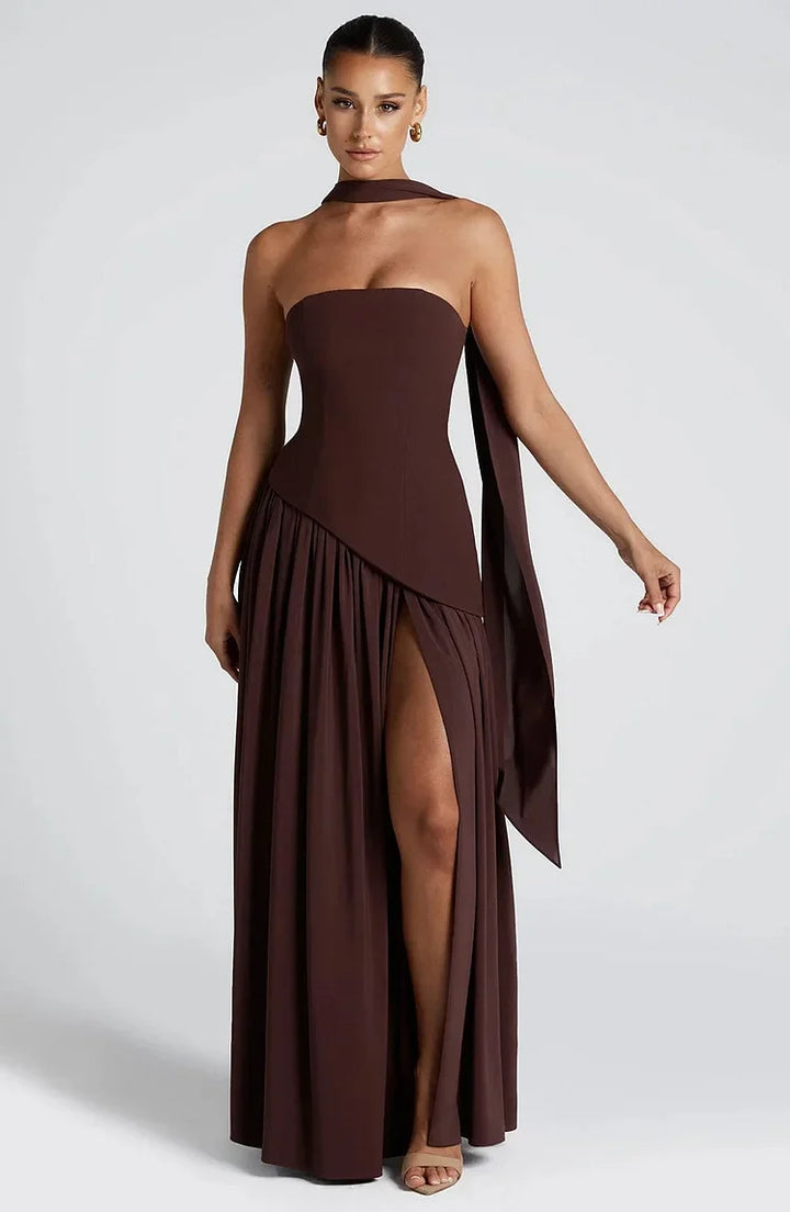 Modern women's fashion: strapless asymmetric hem maxi dress. Elegant for formal and special occasions.