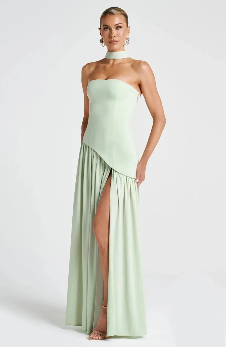 Versatile women's strapless long dress with asymmetric hem, suitable for evening, formal, or cocktail events.