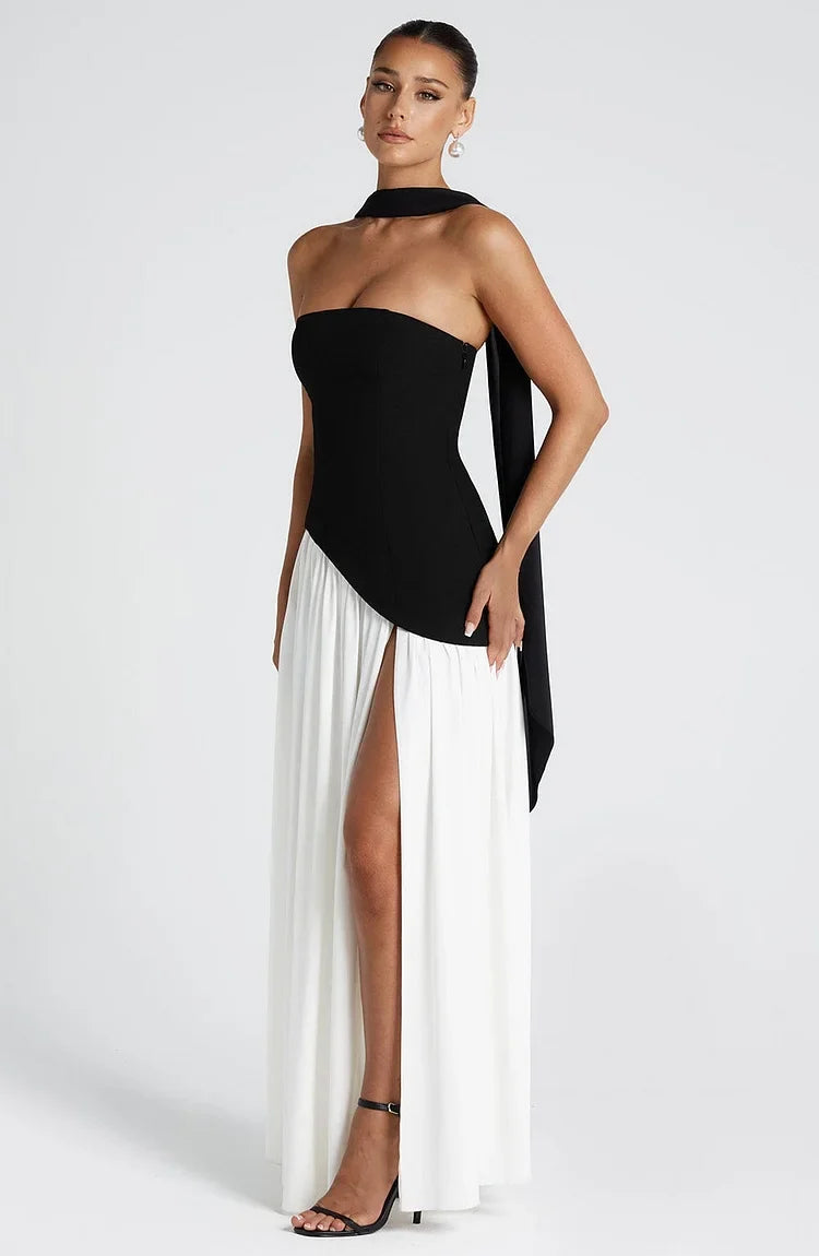Stylish women's strapless asymmetric maxi dress. An elegant choice for formal events & occasions.