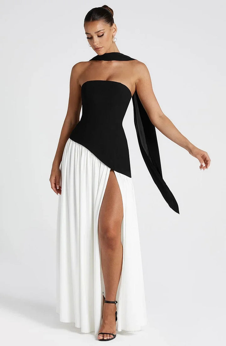Women's strapless asymmetric hem maxi dress. Elegant formal evening wear for any special occasion.