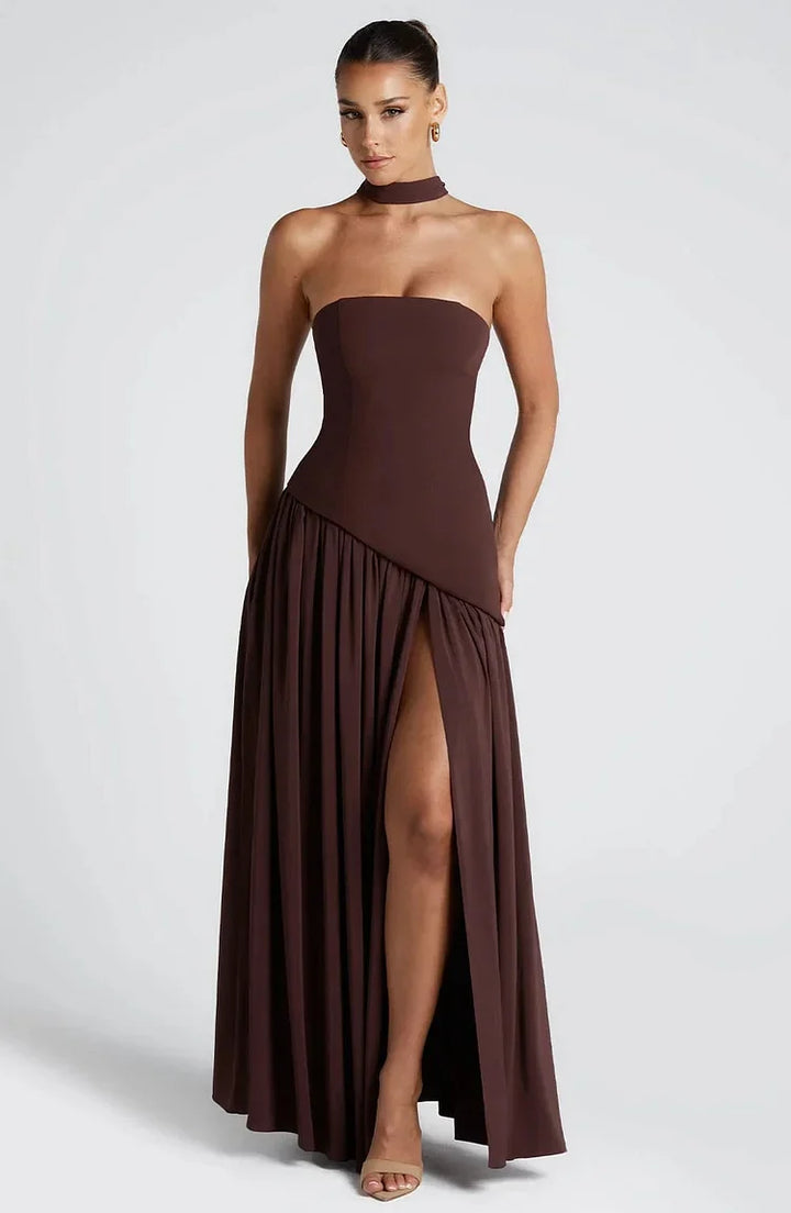 Perfect strapless asymmetric maxi dress for women's formal evenings, cocktails, or special occasions.