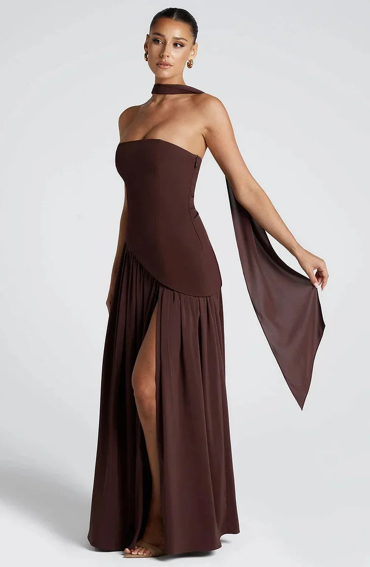 Graceful women's strapless maxi dress with an elegant asymmetric hem, designed for formal fashion.