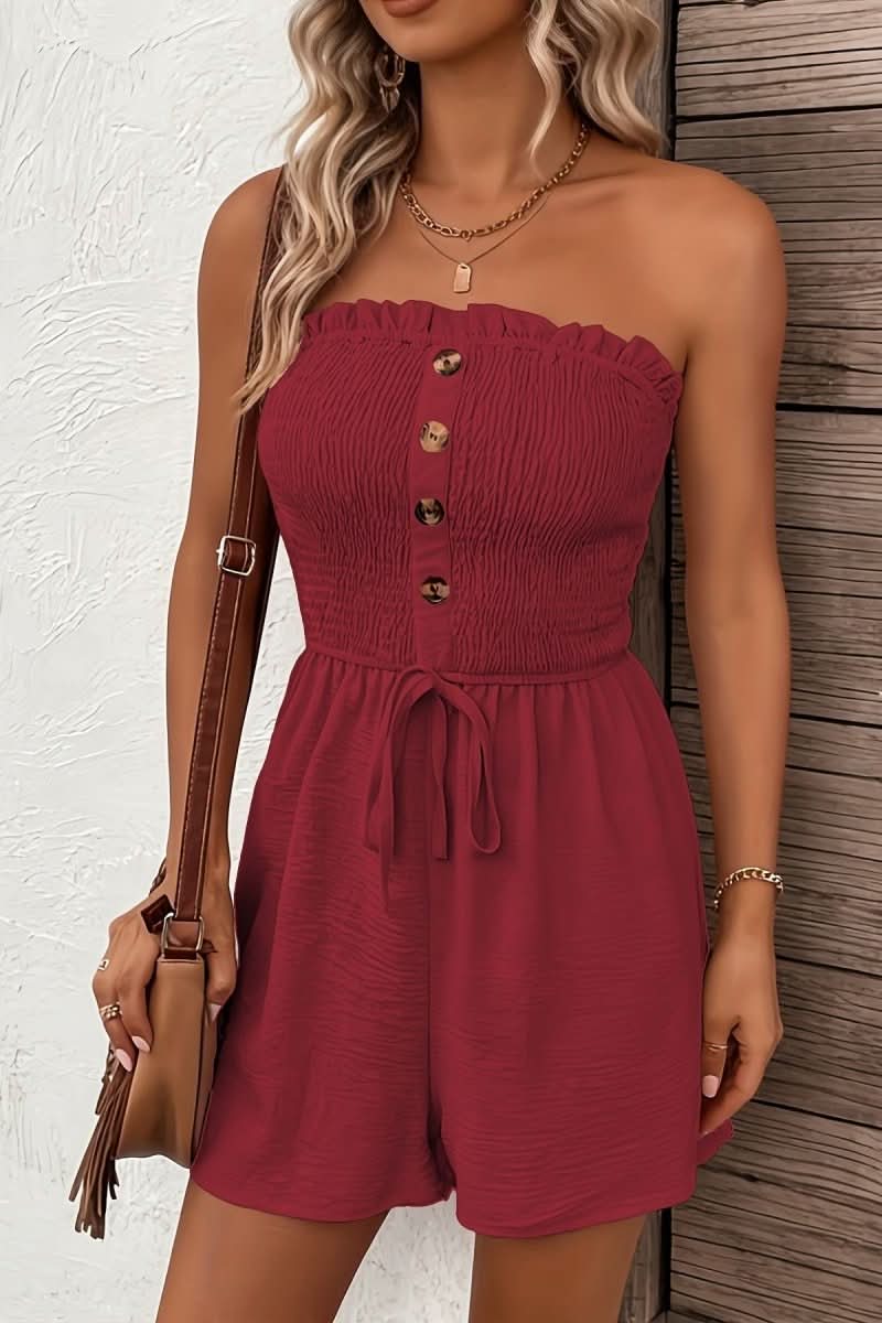 Trendy strapless button front romper for women. Chic short summer playsuit, ideal for casual day-to-night wear.