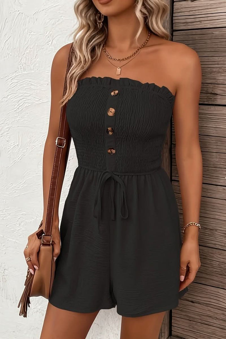 Comfortable women's short strapless romper. Fashionable button front playsuit for summer, great for casual warm weather.