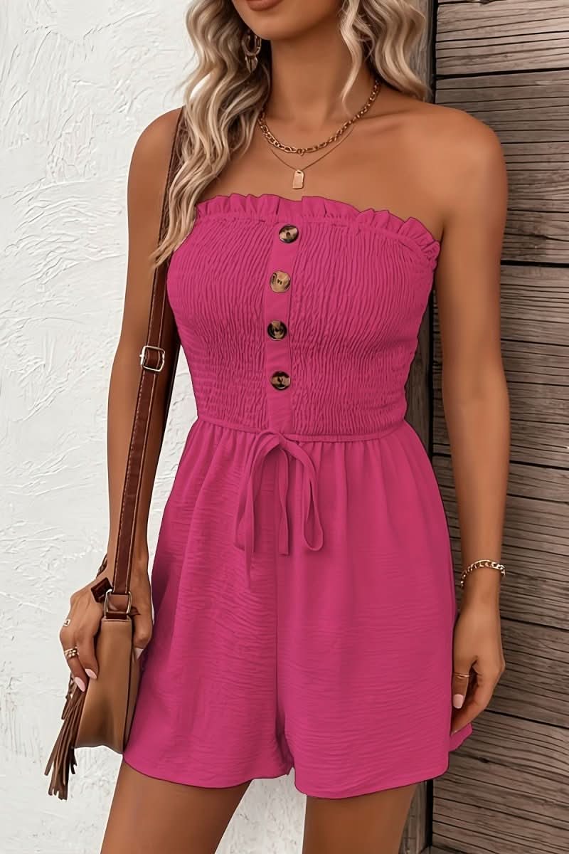 Chic women's strapless button front playsuit. Trendy short summer romper for casual daywear or vacation fashion.