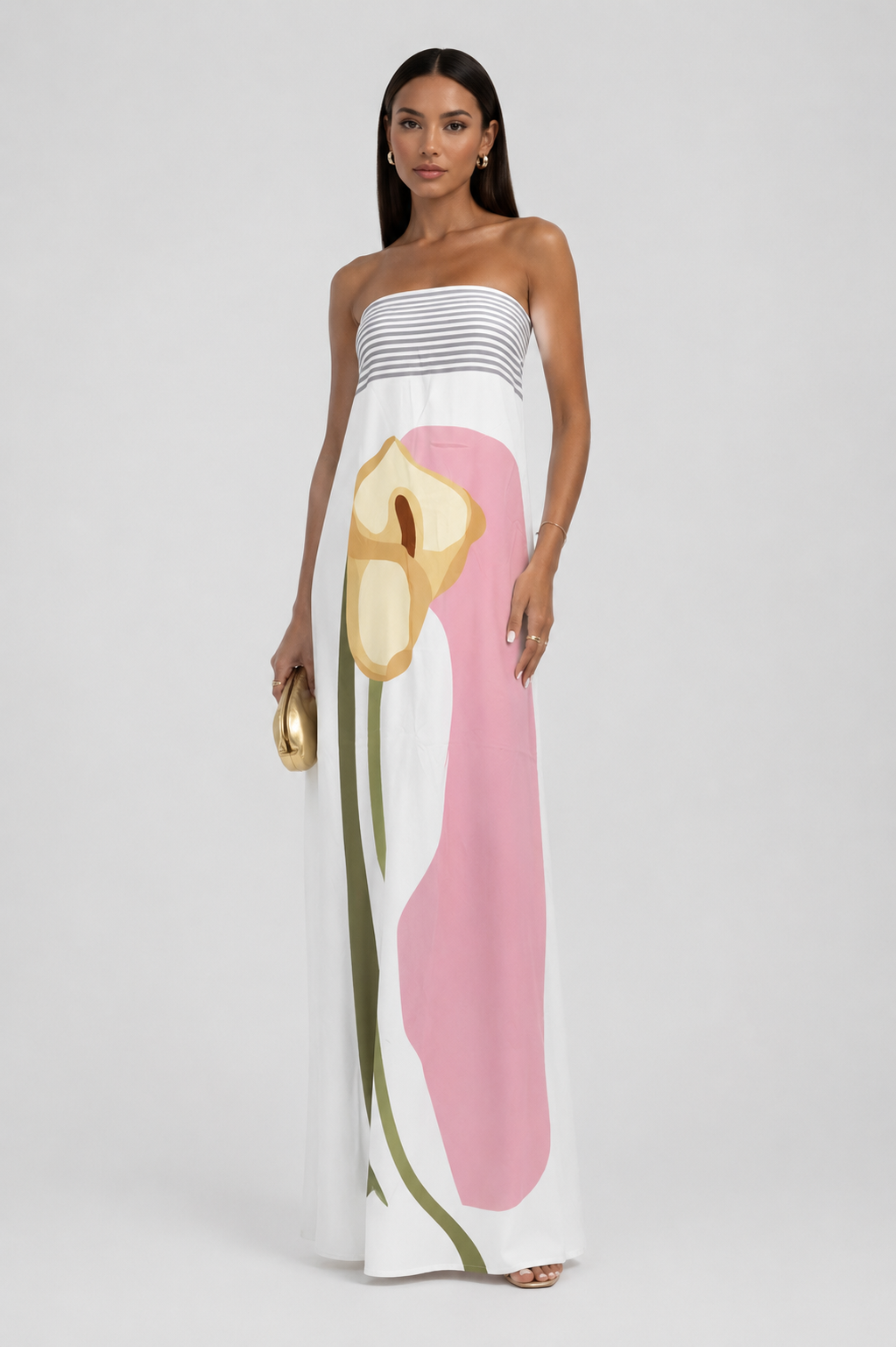 Chic strapless sleeveless maxi dress for women, showcasing a beautiful abstract pattern and summer feel.