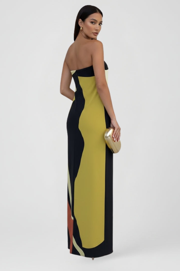 Colorful abstract print strapless maxi dress for women, offering a relaxed and elegant vacation look.