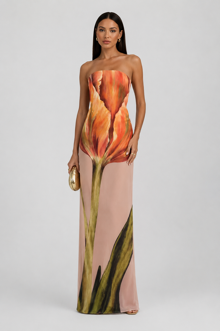 Summer-ready strapless maxi dress for women, adorned with a stylish abstract pattern and flowing design.
