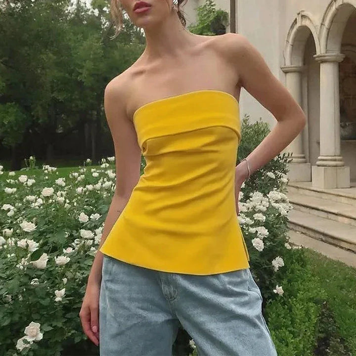 Women's strapless tube crop top in chic summer style, perfect for trendy warm-weather outfits.