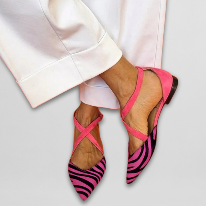Fashionable women's zebra & fuchsia strappy ballerina flats, ideal for casual comfort & unique everyday wear.