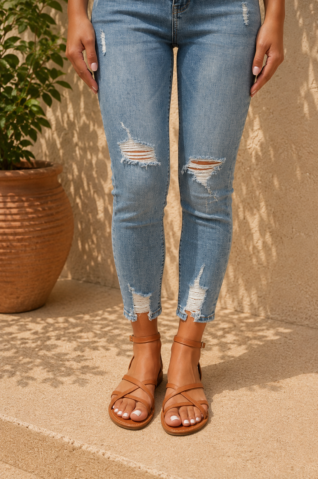 Lightweight women's strappy flat sandals with an adjustable ankle strap, great for casual summer comfort.