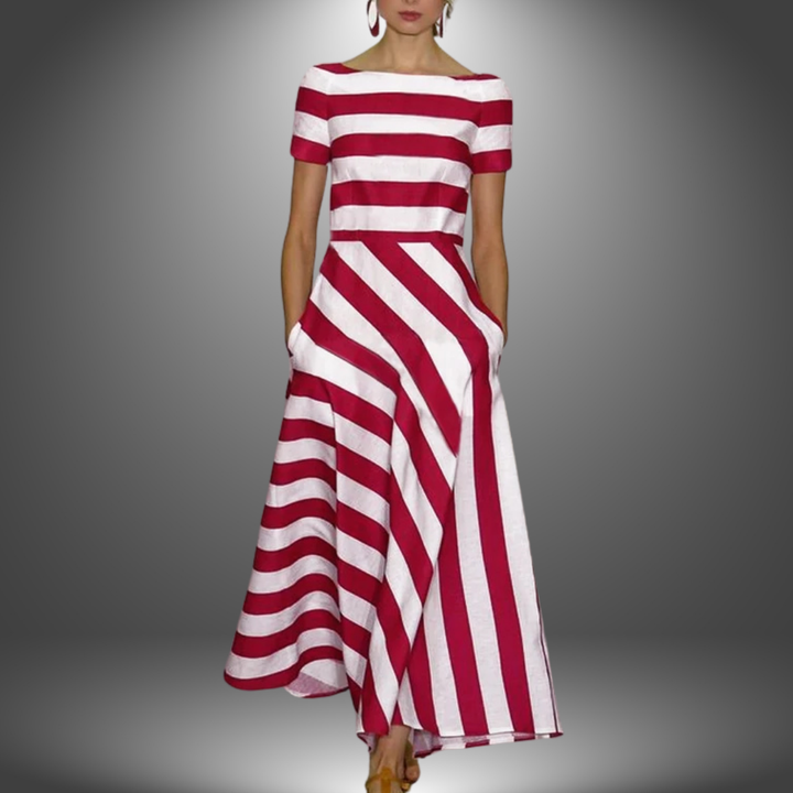 Women's striped asymmetrical midi dress with short sleeves & boat neck. Modern flared summer casual fashion.