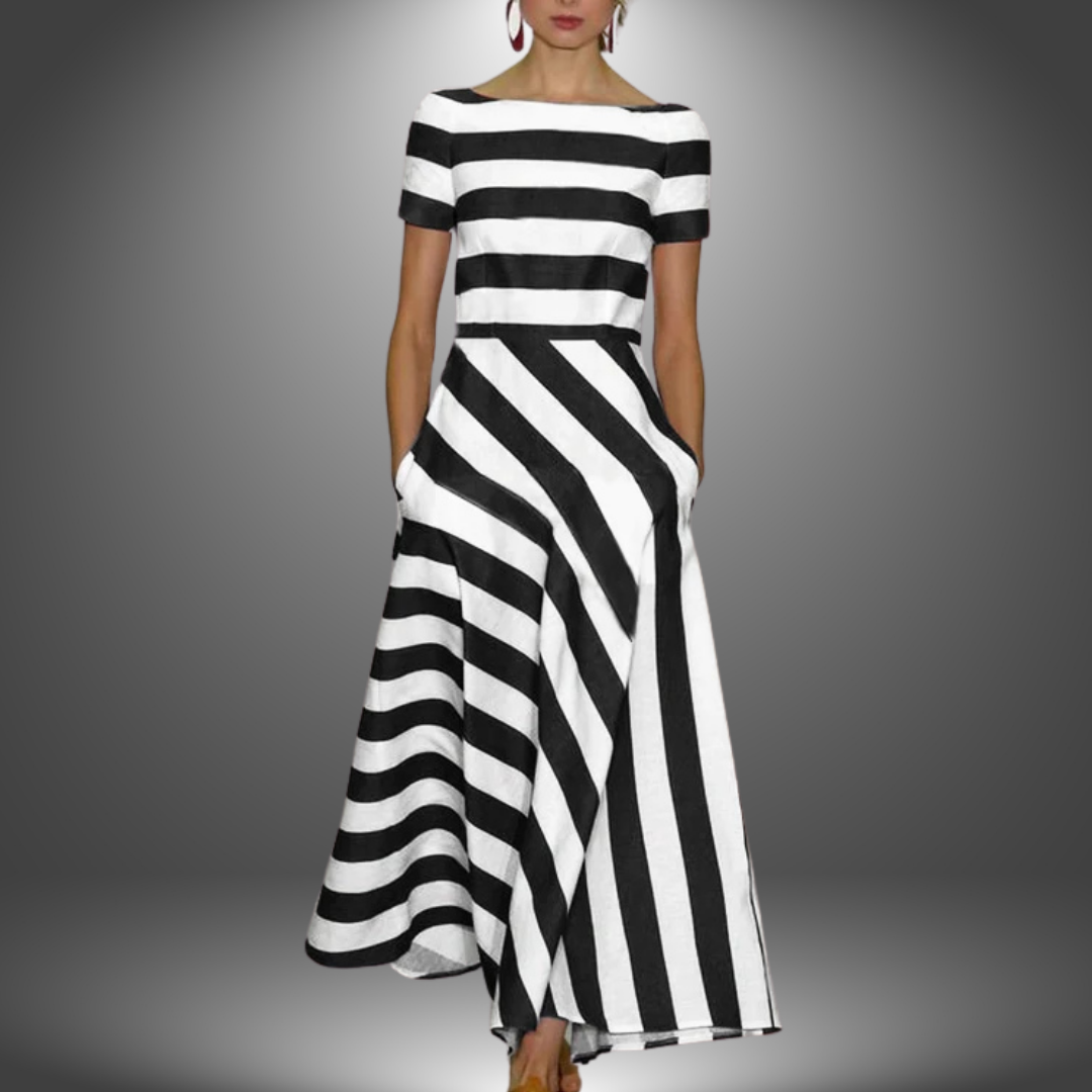 Elegant women's striped asymmetrical midi dress. Short sleeve, unique style, perfect for summer casual wear.