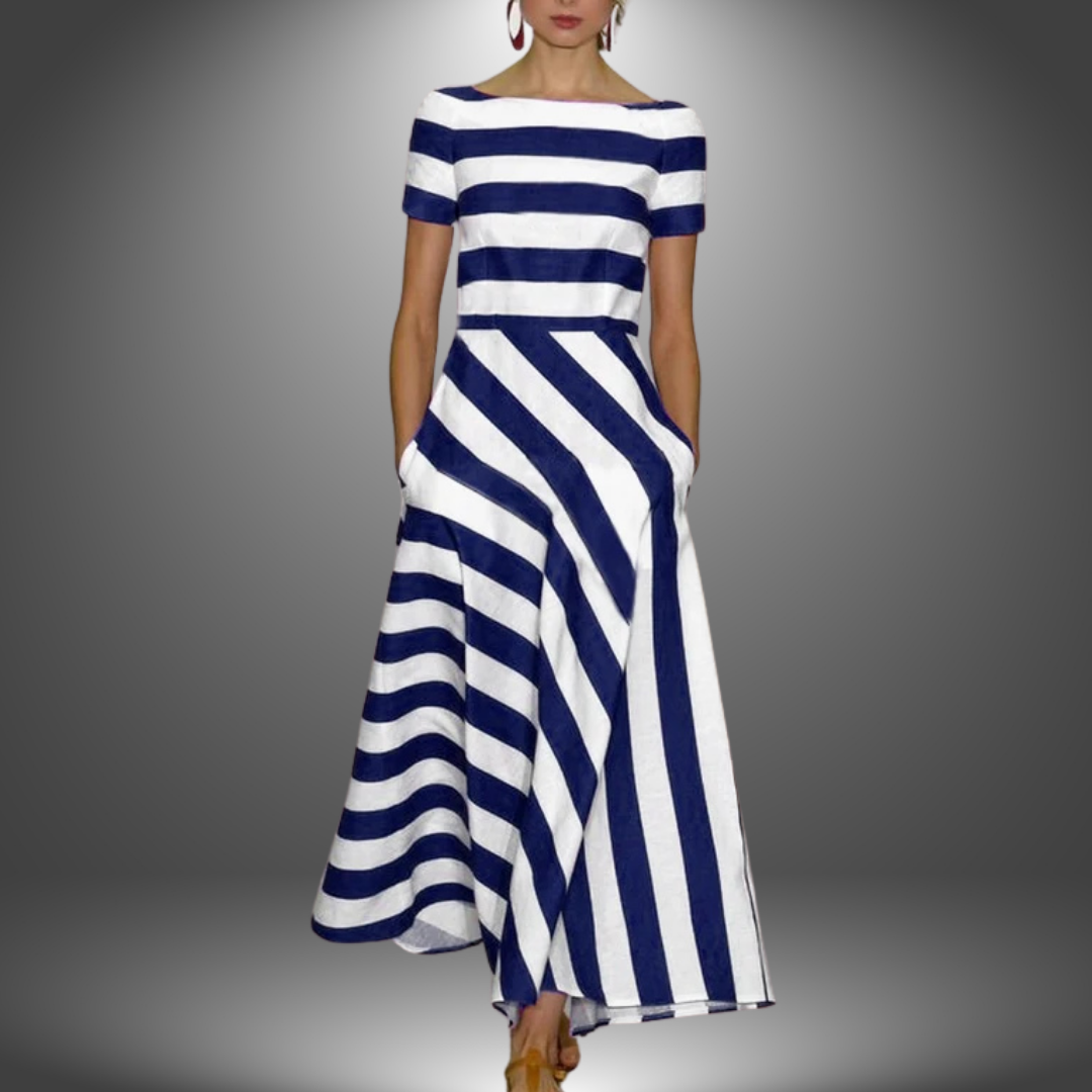 Unique women's striped short sleeve midi dress. Asymmetrical hem, boat neck, flared skirt. Modern summer fashion.