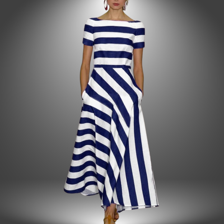 Unique women's striped short sleeve midi dress. Asymmetrical hem, boat neck, flared skirt. Modern summer fashion.