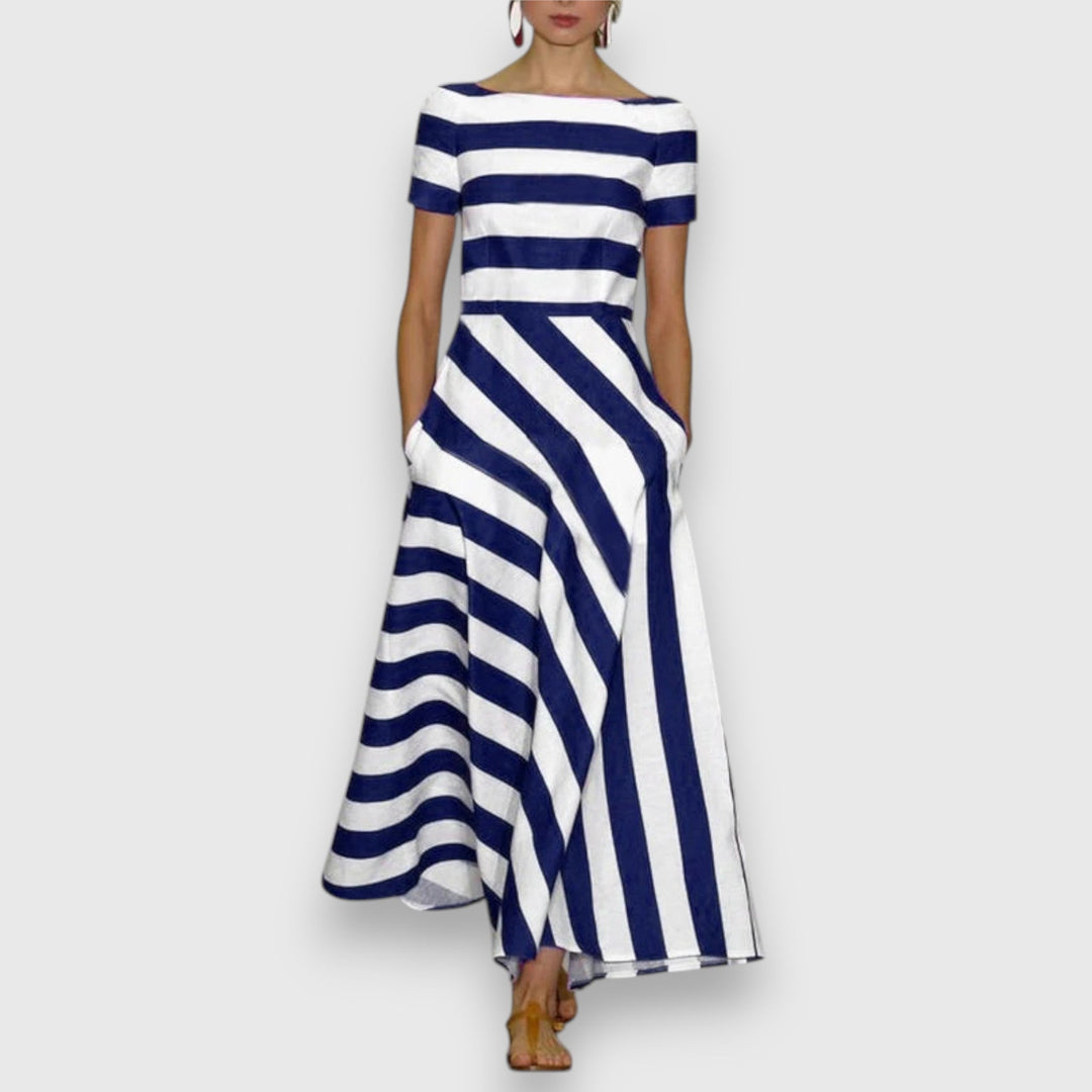 Women's striped bateau neck maxi dress with short sleeves & pockets. Perfect for summer, casual or elegant nautical style.