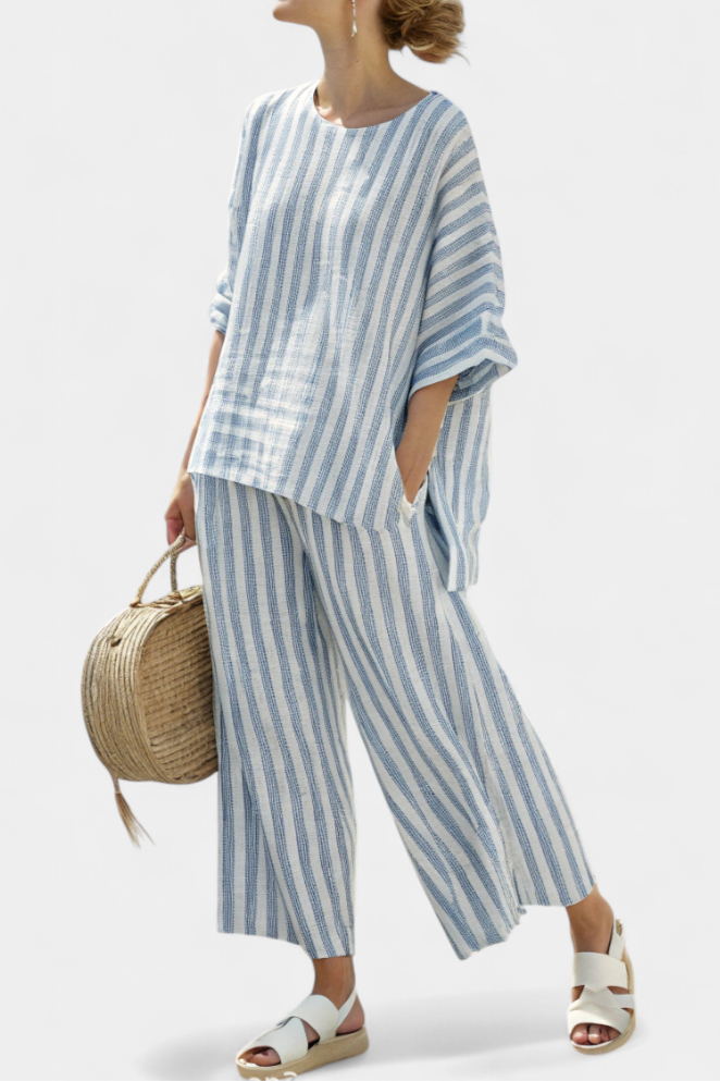 Women's striped batwing top and wide leg pant set, perfect for summer vacation or casual resort wear.
