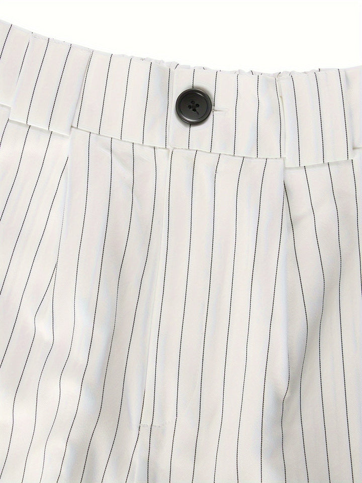 Fashion-forward women's striped blazer & shorts. This modern two-piece summer outfit is ideal for warm weather style.