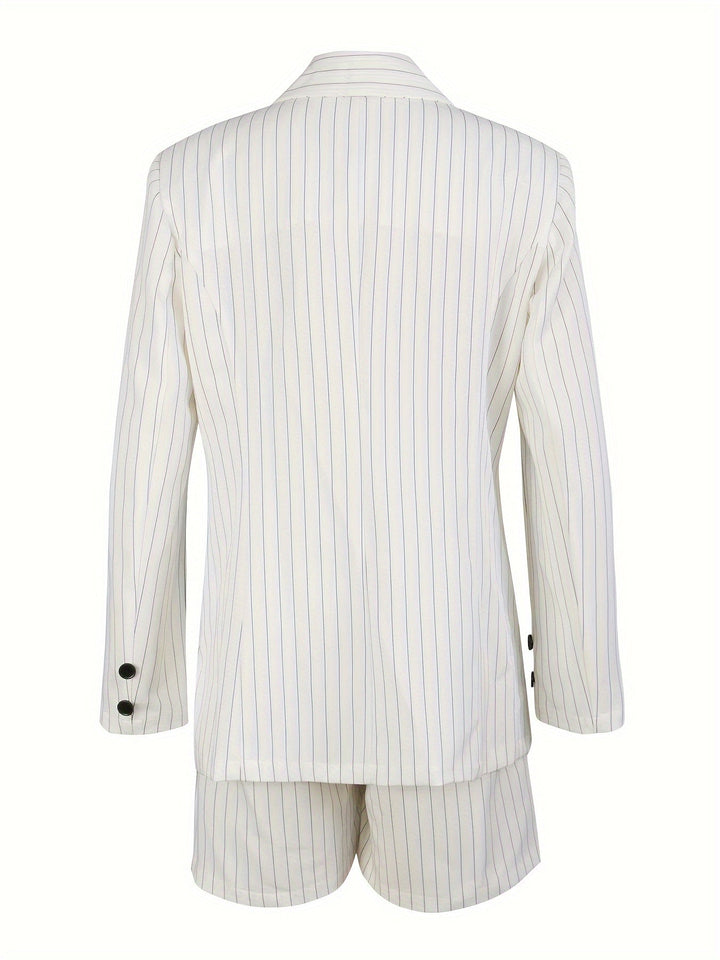 Lightweight women's striped blazer and shorts outfit. Perfect two-piece summer ensemble for comfortable chic fashion.