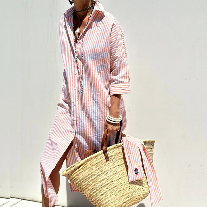 Women's striped button-down shirt dress, midi length with three-quarter sleeves, perfect for summer.