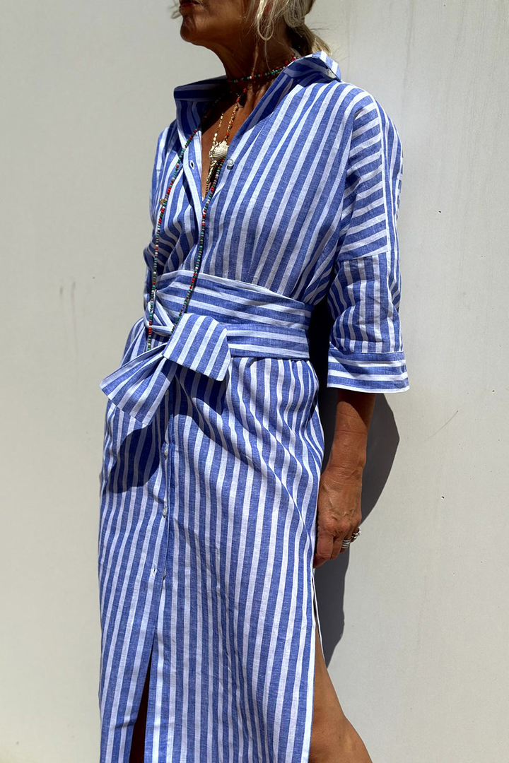 Versatile women's striped button-down collared midi dress, great for day, beach, or casual elegance.