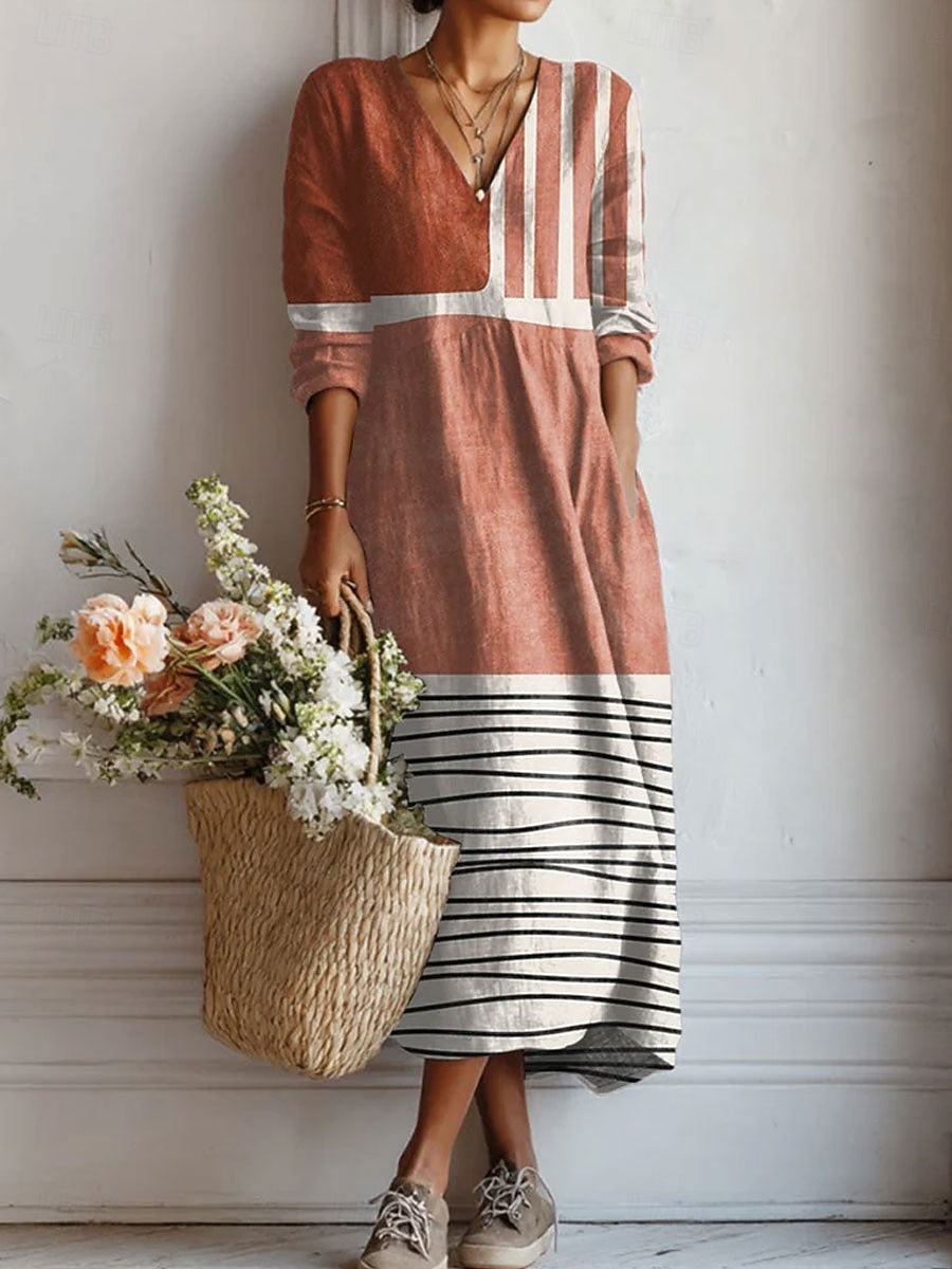 Women's striped color block V-neck casual maxi dress, comfortable and stylish for everyday spring/summer wear.