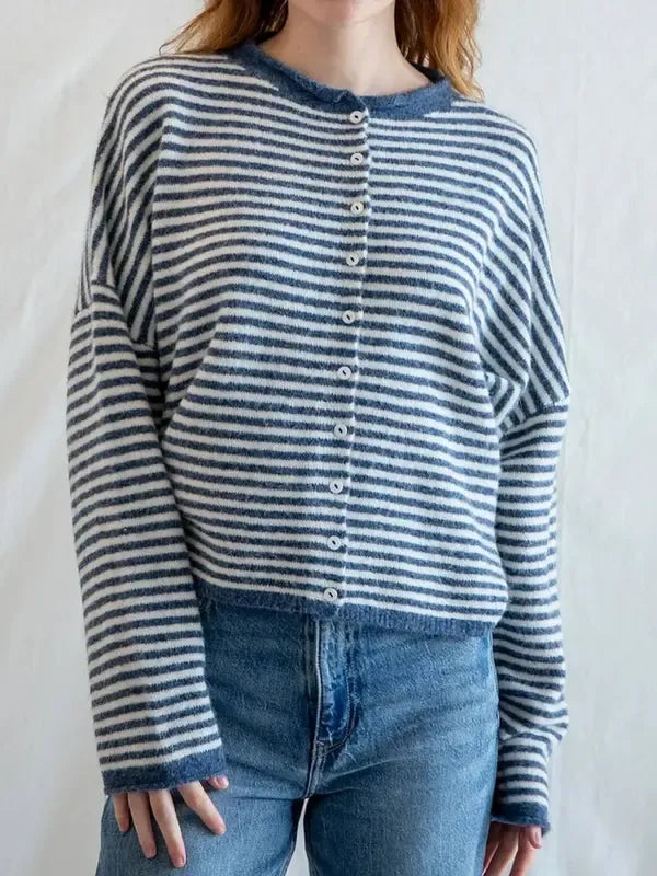 Women's striped cropped button cardigan in a cotton blend, perfect for casual layering