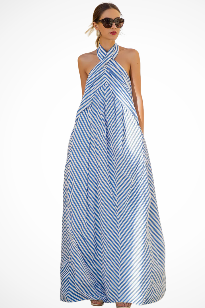 Women's striped halter neck maxi dress, flowing relaxed fit sundress perfect for summer vacation.