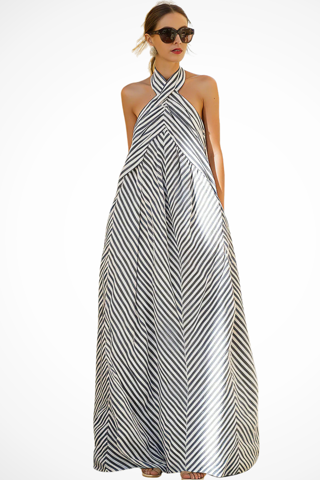 Flowing striped halter neck maxi dress for women, a comfortable and chic option for summer wear.