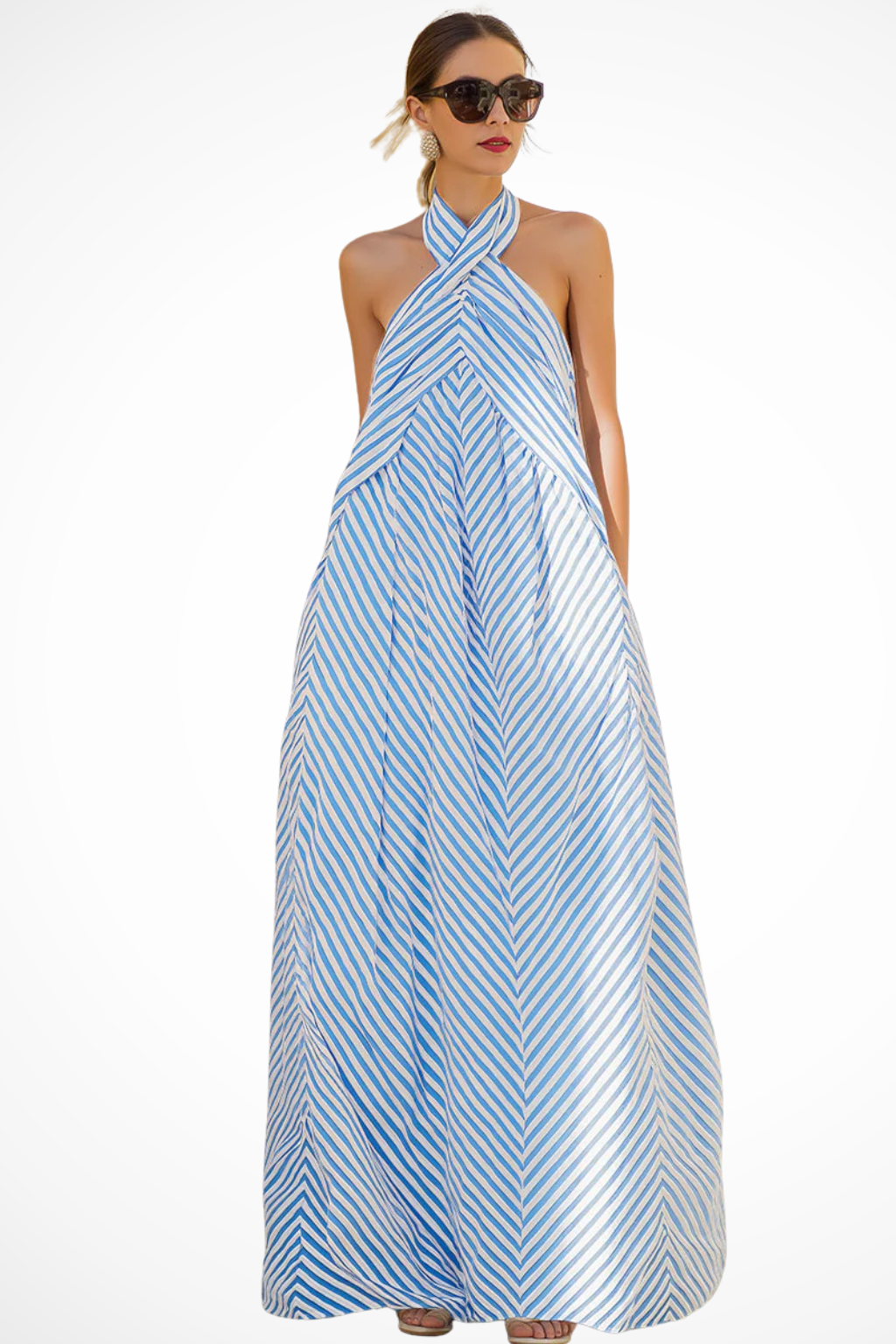 Elegant women's striped halter neck sundress, a sleeveless A-line maxi dress for warm weather.