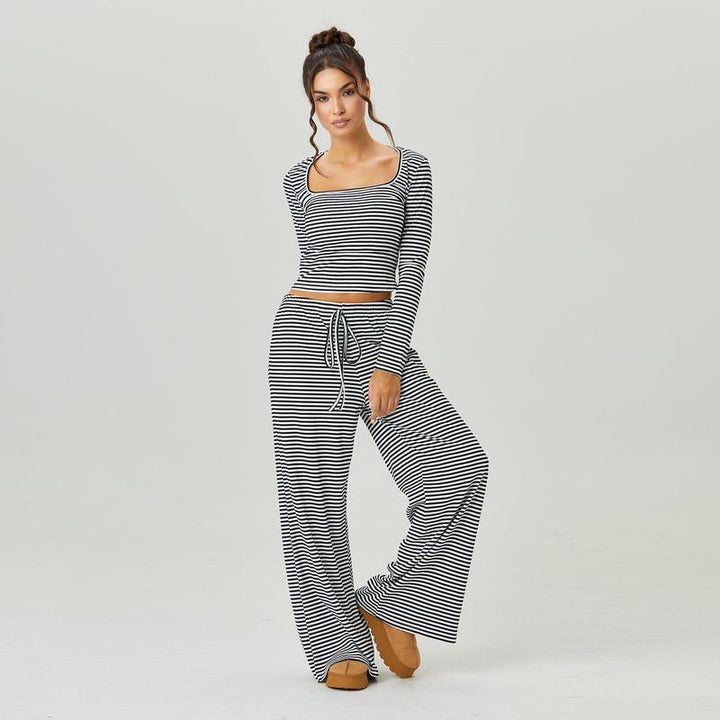 Women's striped jersey lounge set with a square neck top and wide-leg pants, ideal for comfortable casual wear.