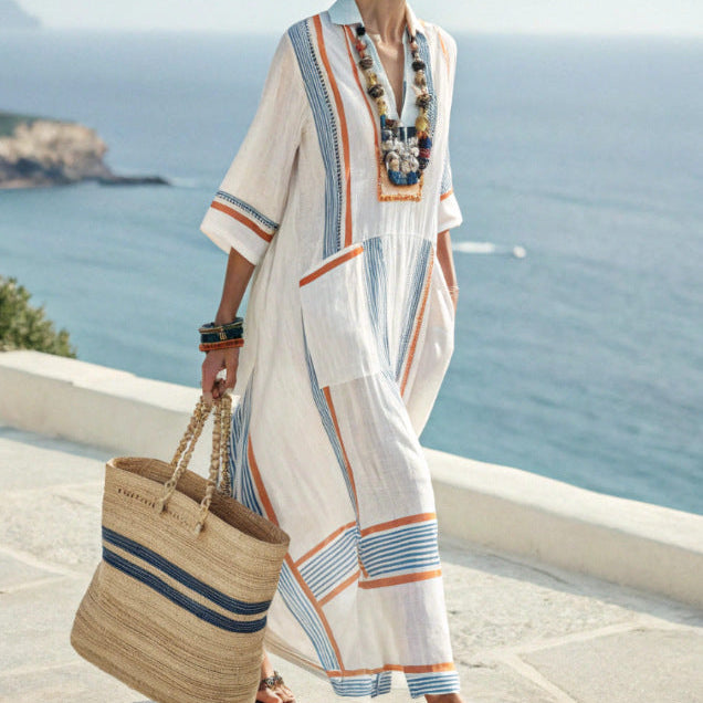 Women's striped kimono maxi dress for beach, vacation, or resort wear. Flowy, loose fit, V-neck, boho style.