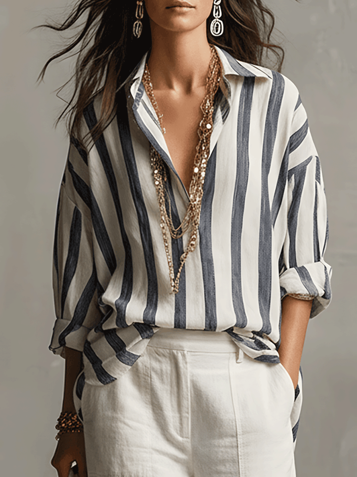 Women's striped long sleeve blouse with button front, perfect for effortless casual and smart casual style.