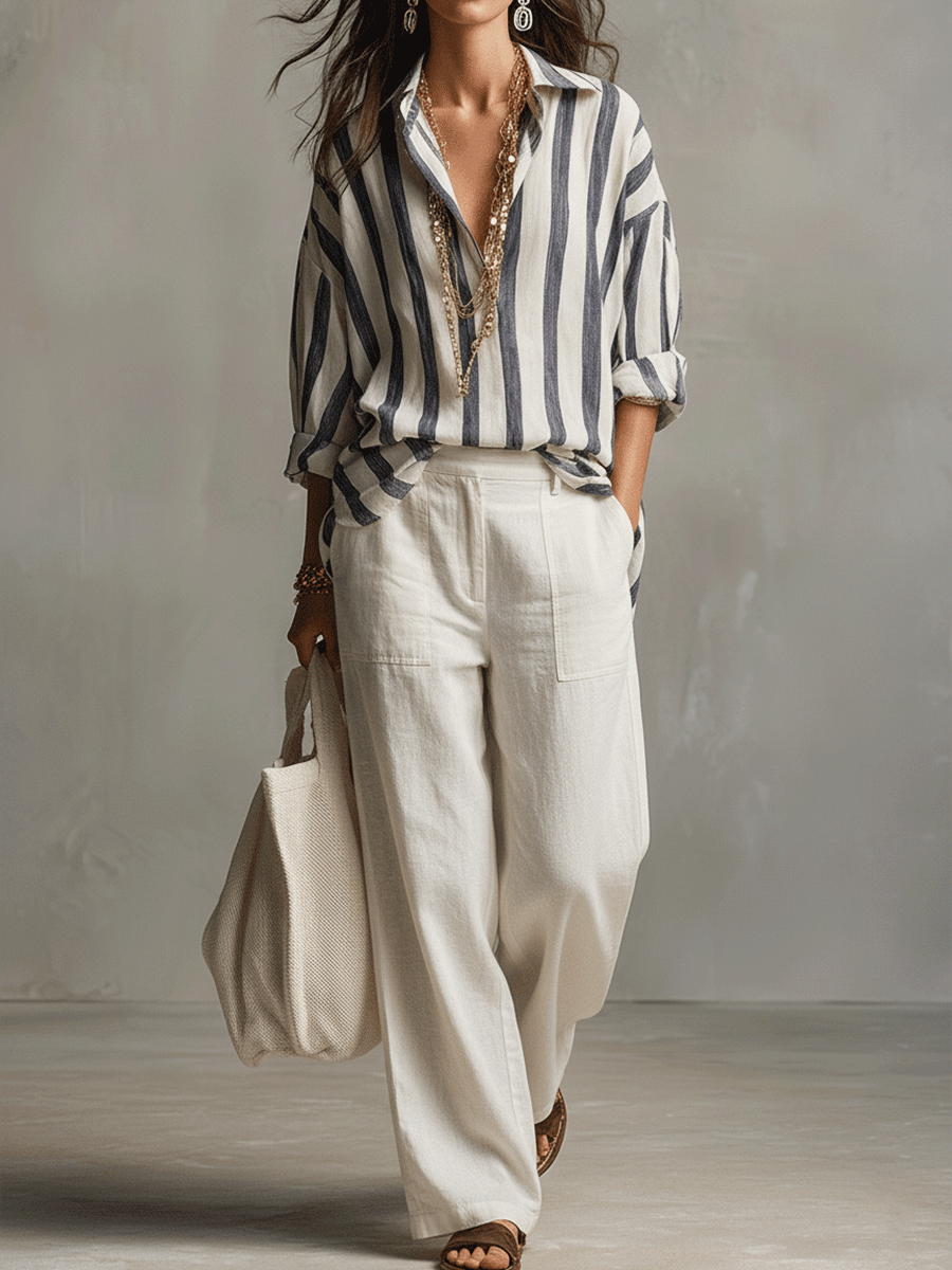 Women's striped long sleeve blouse styled on a mannequin, highlighting its comfortable, versatile design.