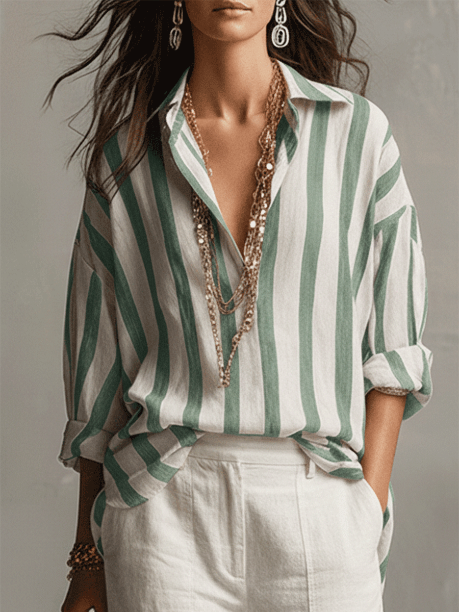Casual women's button-front blouse with classic stripes and long sleeves, ideal for everyday wear.